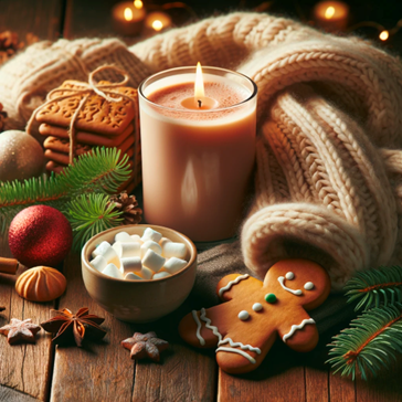 A festive set-up with a lit candle, gingerbread, marshmallows, and a Christmas jumper.