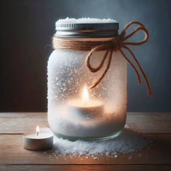 A frosted glass candle holder containing a lit tea light and rustic twine tied around the top.