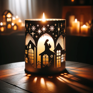 A Christmas candle holder with a silhouette of an illuminated nativity scene.