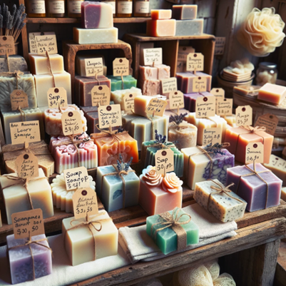 A rustic shop set-up of handmade soaps with their prices.