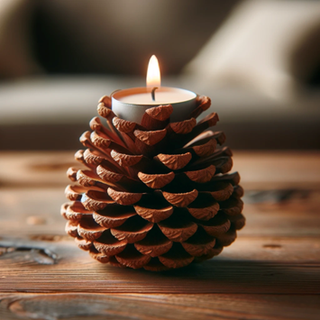 A pine cone tealight holder containing a single tea light.