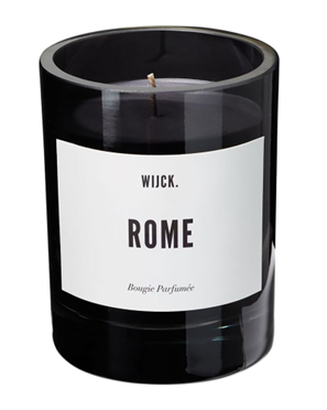 A black scented candle with the word ‘ROME’ in bold letters on the label, sourced from <span data-mce-fragment="1"><a href="https://www.elle.com/uk/life-and-culture/g36328639/personalised-candles/?slide=5" data-mce-fragment="1" data-mce-href="https://www.elle.com/uk/life-and-culture/g36328639/personalised-candles/?slide=5">ELLE</a></span>