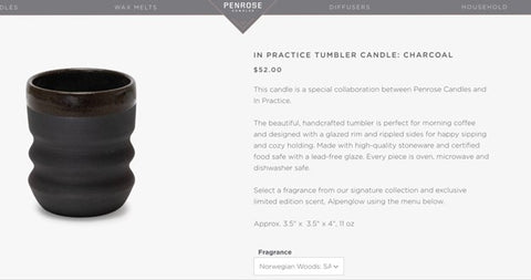 A candle vessel from "https://penrosecandles.com/collections/ceramic-candles/products/in-practice-tumbler-candle-charcoal" that doubles-up as a coffee tumbler.
