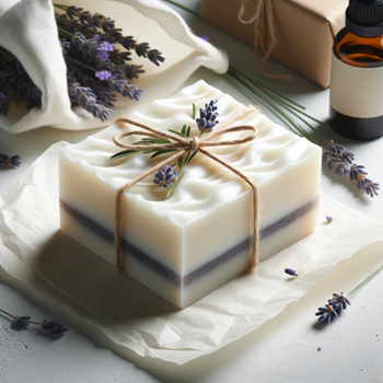 A square lavender soap bar topped with dried lavender and wrapped in brown string.