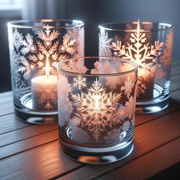 A trio of glass candle holders with snowflakes etched onto the surfaces.