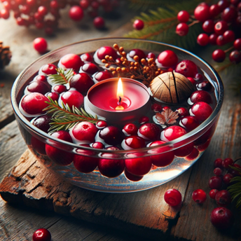 A floating tea light in a cranberry and cedar candle holder.