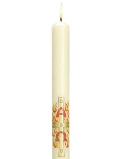 A traditional Paschal candle with a cross pattern from <span data-mce-fragment="1"><a href="https://hfltd.com/products/paschal-beeswax-candle" data-mce-fragment="1" data-mce-href="https://hfltd.com/products/paschal-beeswax-candle">HAYES &amp; FINCH</a></span>.