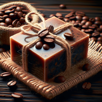 A coffee soap bar surrounded by coffee beans and tied up with brown string.