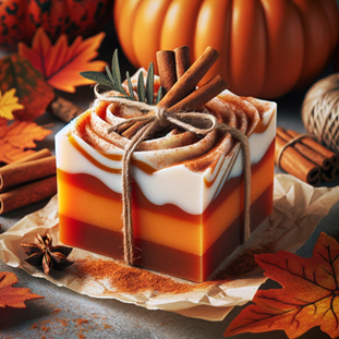 A pumpkin spice square soap bar surrounded by autumnal props like pumpkins and cloves.