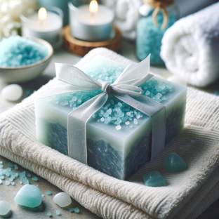 An aqua blue soap bar topped with Epsom salts and wrapped in a bow.