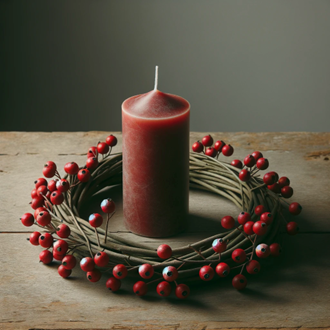 A candle ring crafted from red berries and straw.