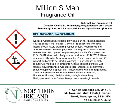 A label showing the UFI number. Source: NI Candle Supplies
