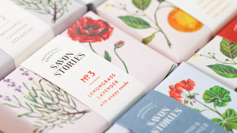 Floral soap packaging for a handmade soap brand named Savon Stories. Sourced from Dieline.