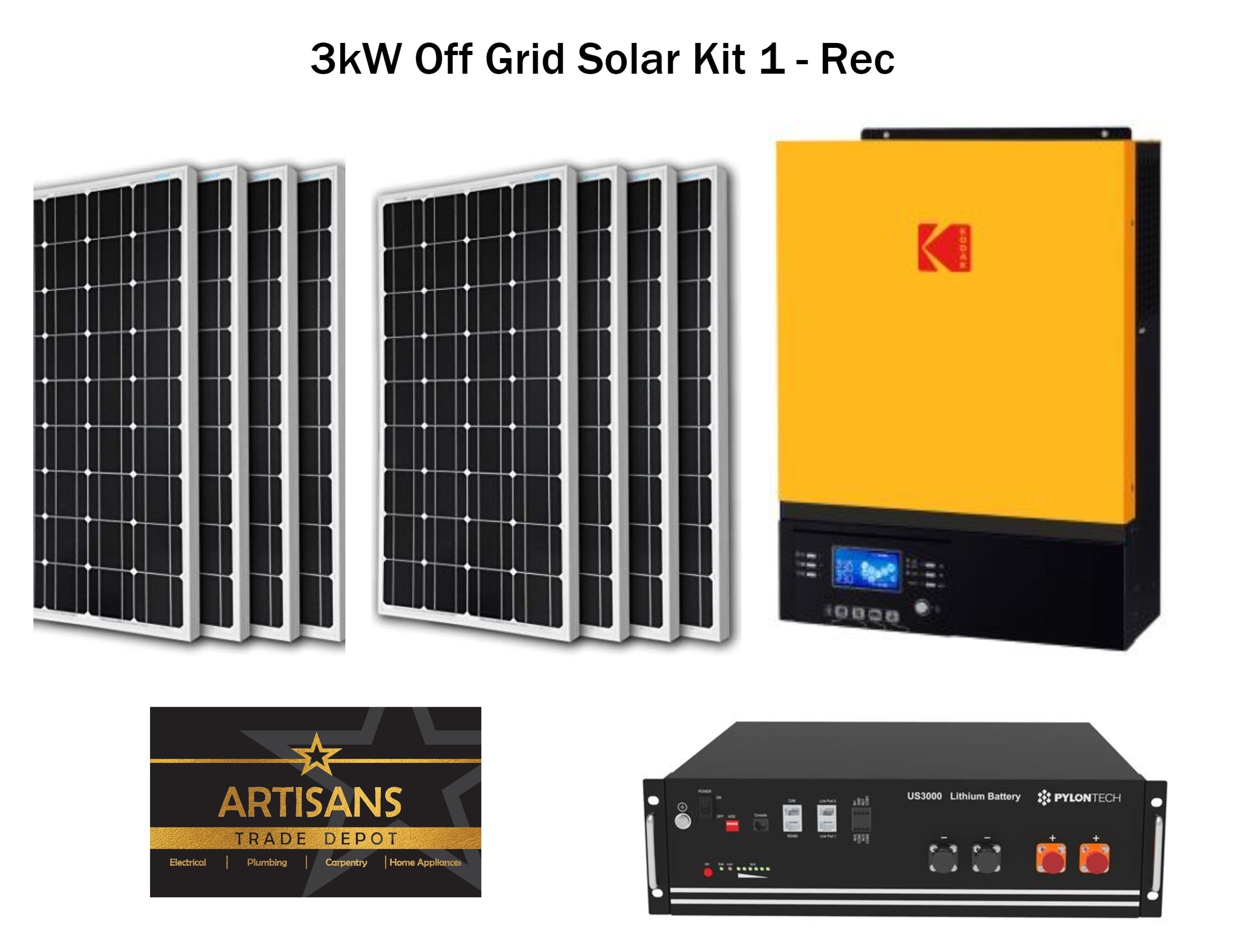 3kW Off Grid Solar Kit 1 - REC - (PV Panels, Inverter & Lithium Ion Ba