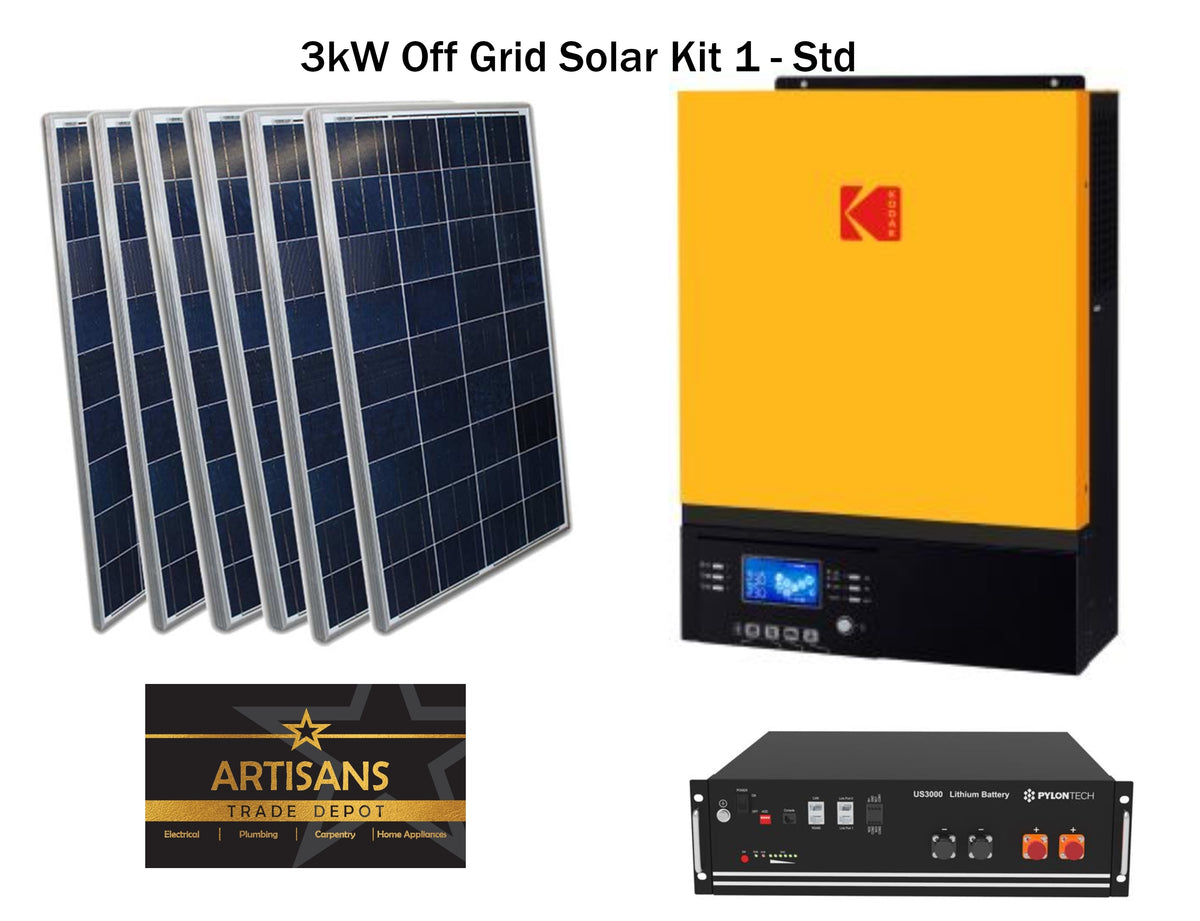 3kW Off Grid Solar Kit 1 - STD - (PV Panels, Inverter & Lithium Ion Ba