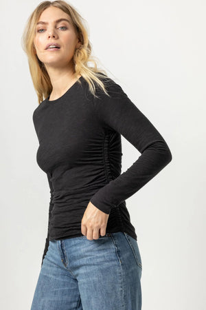 Long Sleeve Shirred Side Crewneck Top - Rhodes Boutique