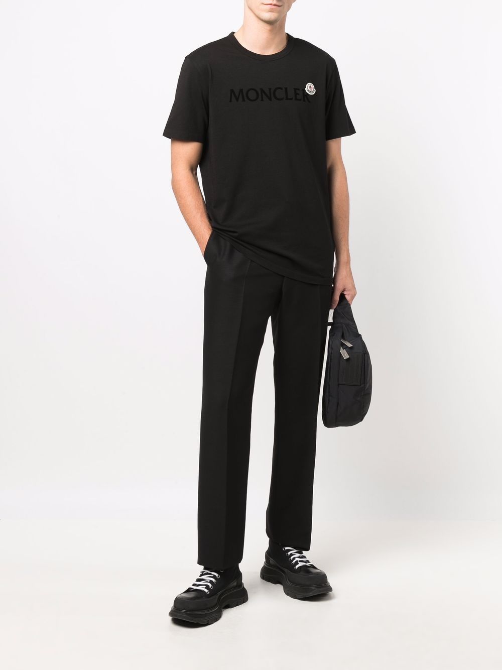 MONCLER Flock Logo T-Shirt Black | MAISONDEFASHION.COM