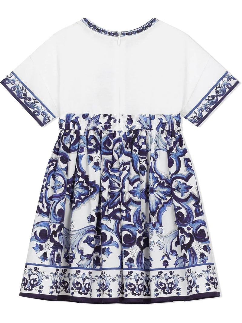 DOLCE & GABBANA KIDS Majolica-print Cotton Dress Blue/White |  