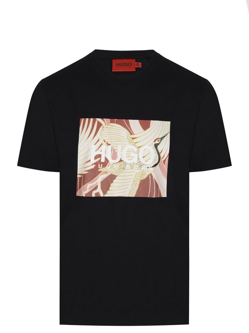 HUGO Japanese-crane print T-shirt Black | MAISONDEFASHION.COM