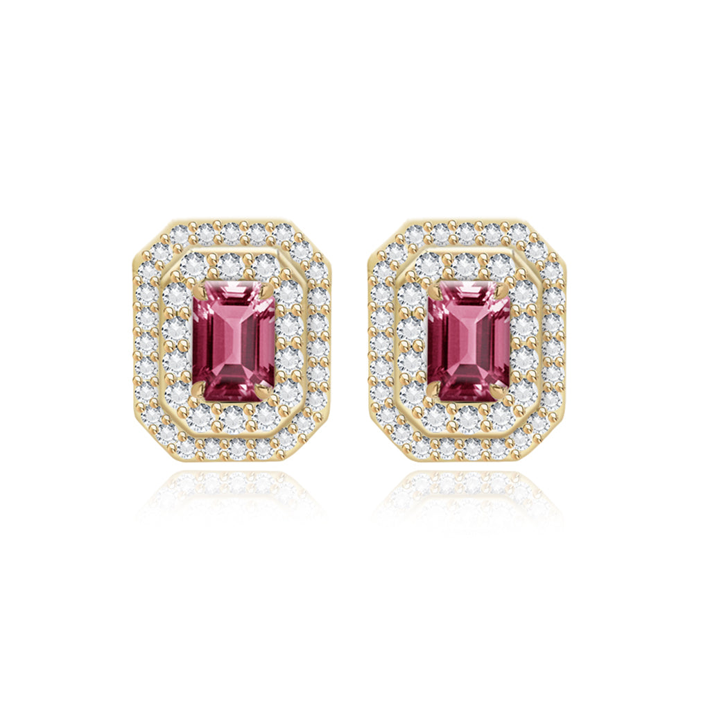 Image of Double Halo Gemstone Emerald Cut Earrings