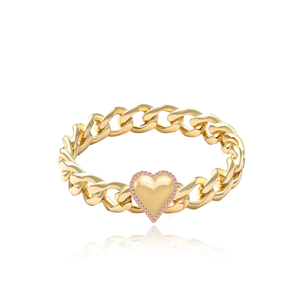 Image of Puffy Gold Heart with Pink Sapphire Pave Outline Cuban Ring