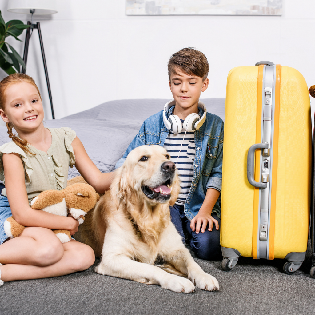 dog sitting with two children and a bunch of luggage