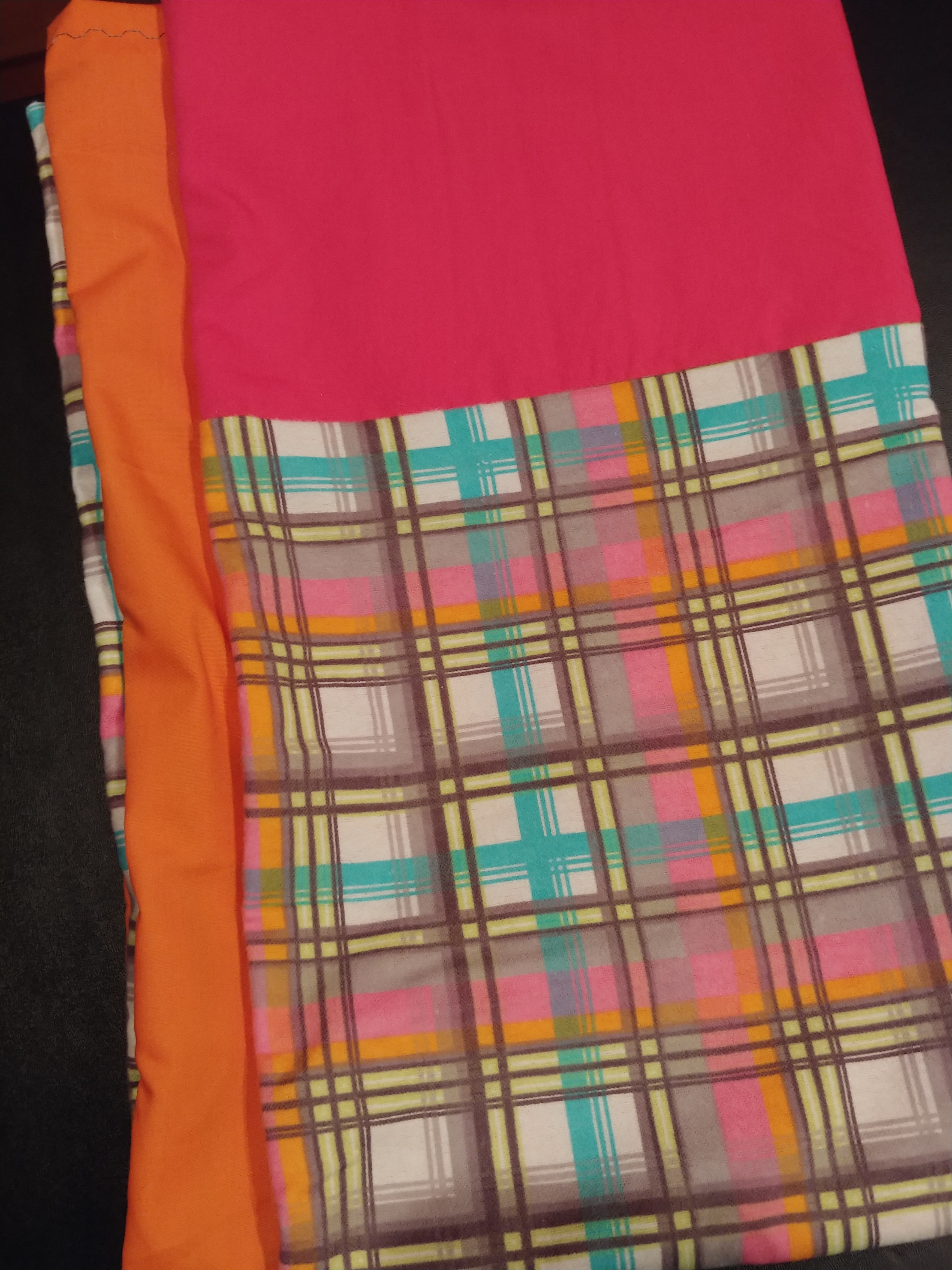 Pillowcase - Plaid, Grey, Teal & Pink Flannel w/Hot Pink Cotton::Orange Cotton - Picture 1 of 1