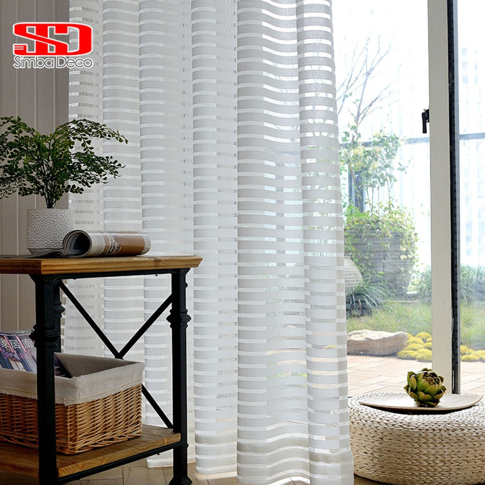 Modern White Striped Window Tulle Curtains For Living Room Geometric Solid Sheer Curtain For Bedroom Voile Net Curtains Binds