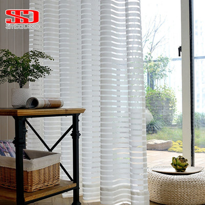 Modern White Striped Window Tulle Curtains For Living Room Geometric Solid Sheer Curtain For Bedroom Voile Net Curtains Binds