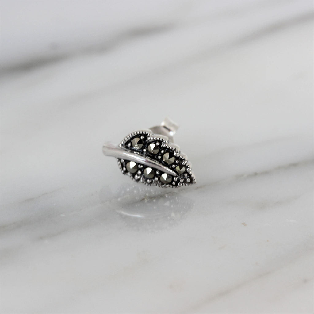 Sterling Silver Marcasite Leaf Leaves Stud Earrings - STERLING SILVER DESIGNS