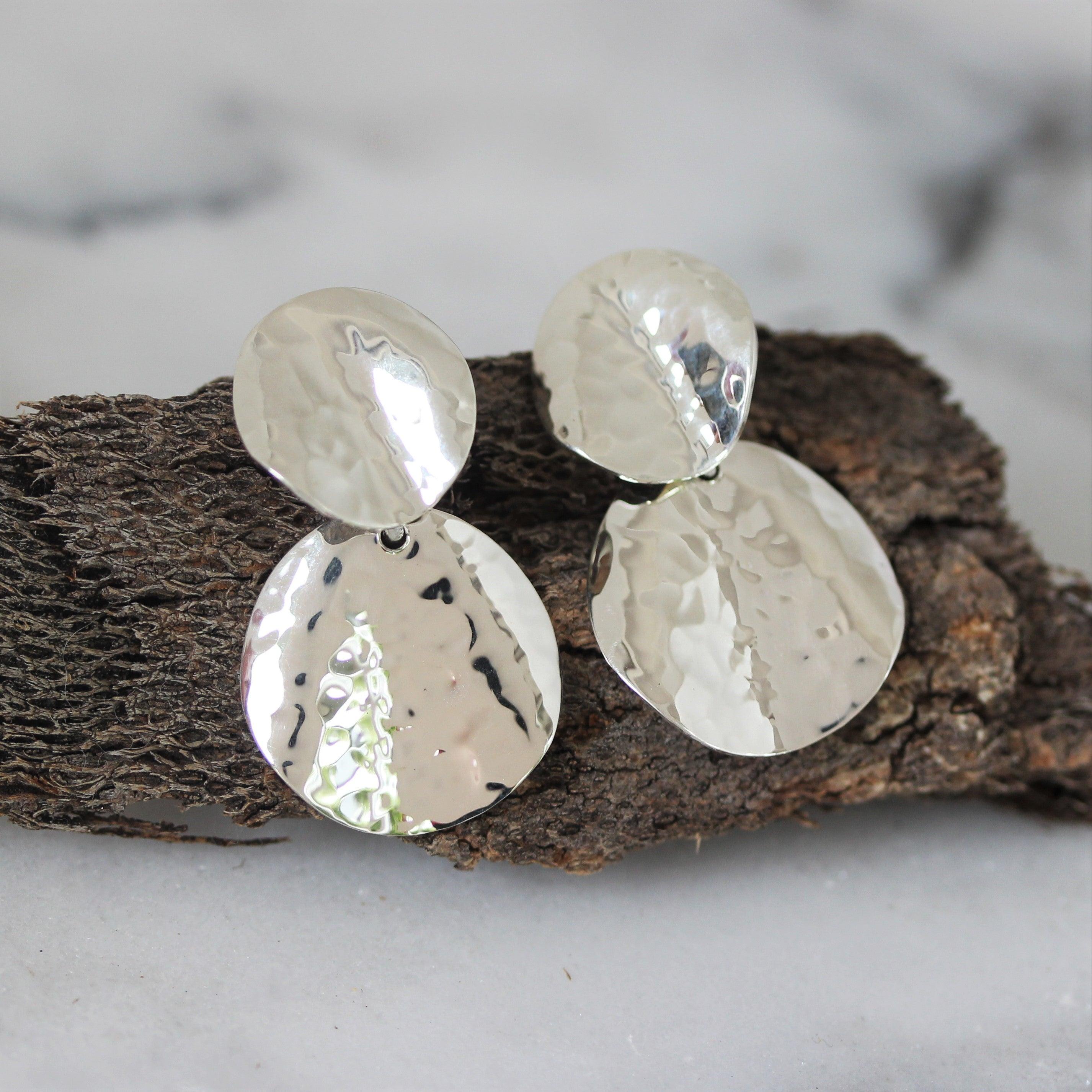 Women's Hammered Disc Drop Earrings in Sterling Silver