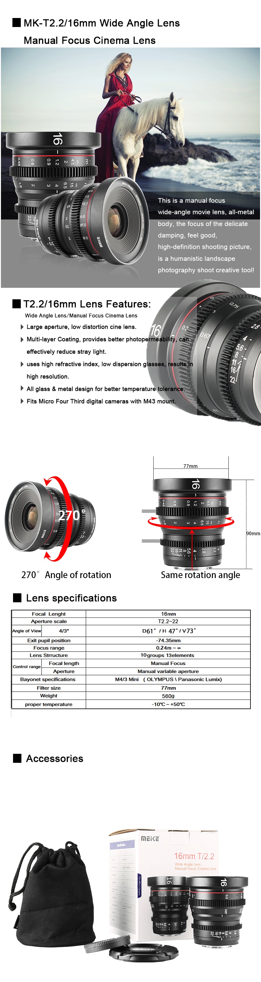 Meike 16mm T2.2 Manual Focus Cinema Lens Fit for M4/3 Min(OLYMPUS