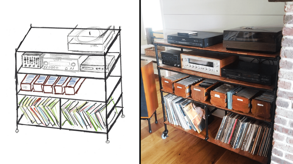 Industrial pip shelf idea sketch next to finished DIY project