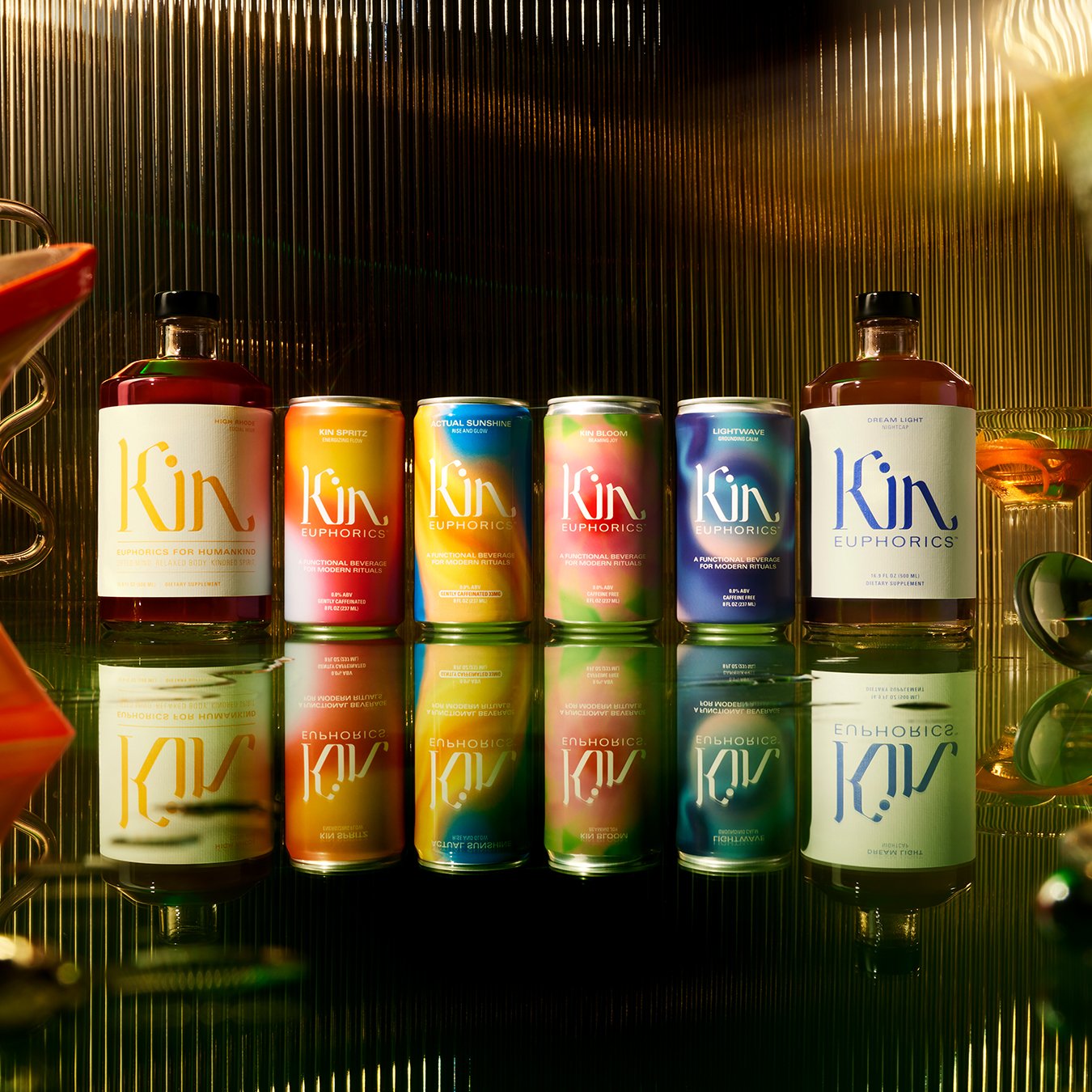 Kin Euphoric's non-alcoholic braincare beverage Full Kin Kit which includes 1 bottle of High Rhode, 1 bottle Dream Light, 4 cans of Actual Sunshine, 4 cans of Kin Spritz, 4 cans of Kin Bloom and 4 cans of Lightwave.