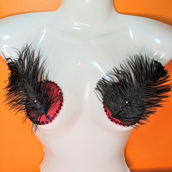 Red and Black Feather Nipple Pasties