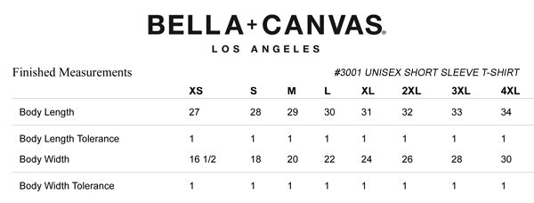 Bella Canvas Jersey Cotton T shirt size chart