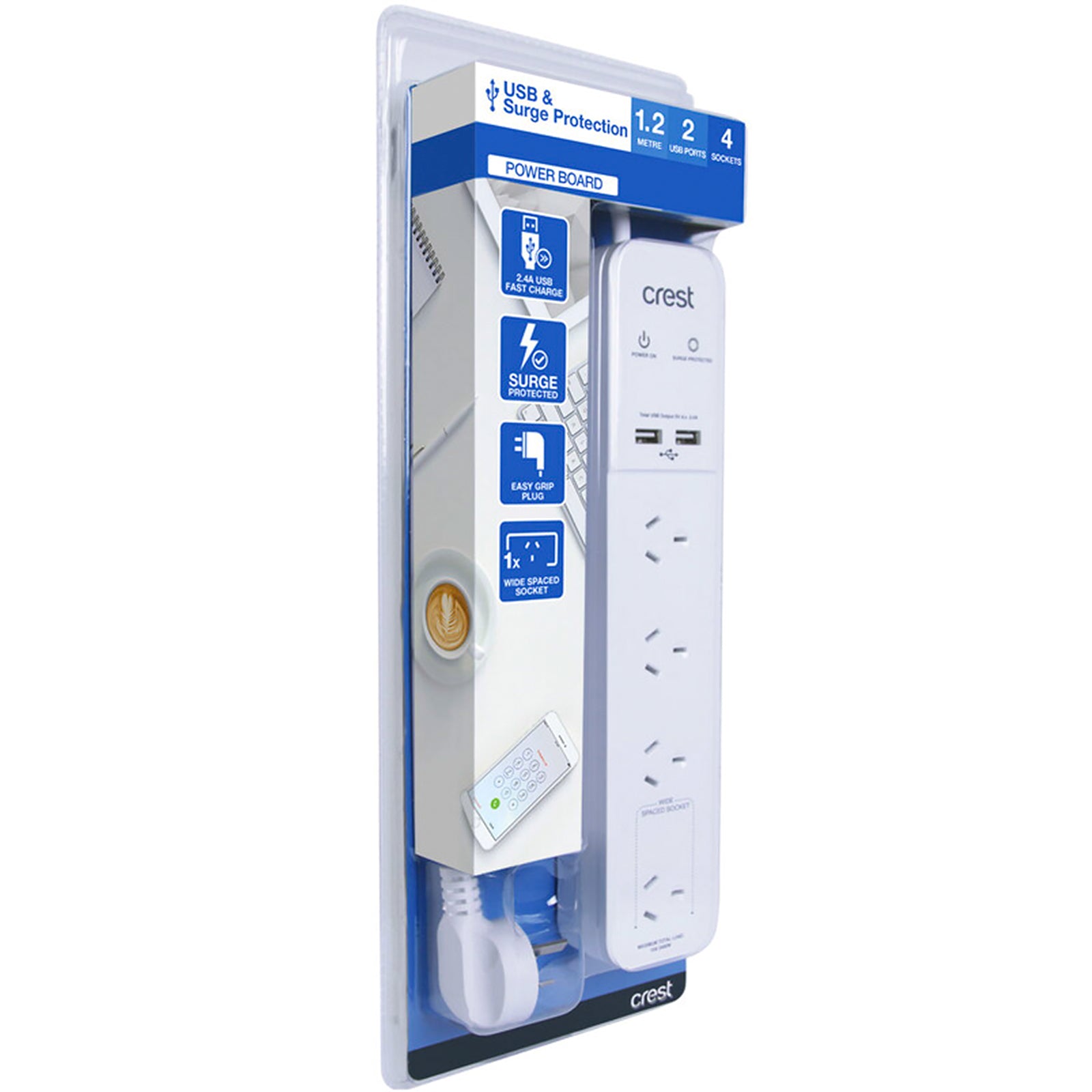 Crest Premium Power Board 4 Socket Surge Protection & 2 USB Fast Port