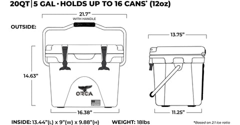 20 Quart Cooler Outer Dimensions. Bottom €“ 16.38€�(L) x 11.25€�(W). Top €“ 21.7€�(L) x 13.75€�(W). Height: 14.63€�. Inside dimensions: 13.44€�(L) x 9€�(W) x 9.88€� (H). Weight: 18lbs.