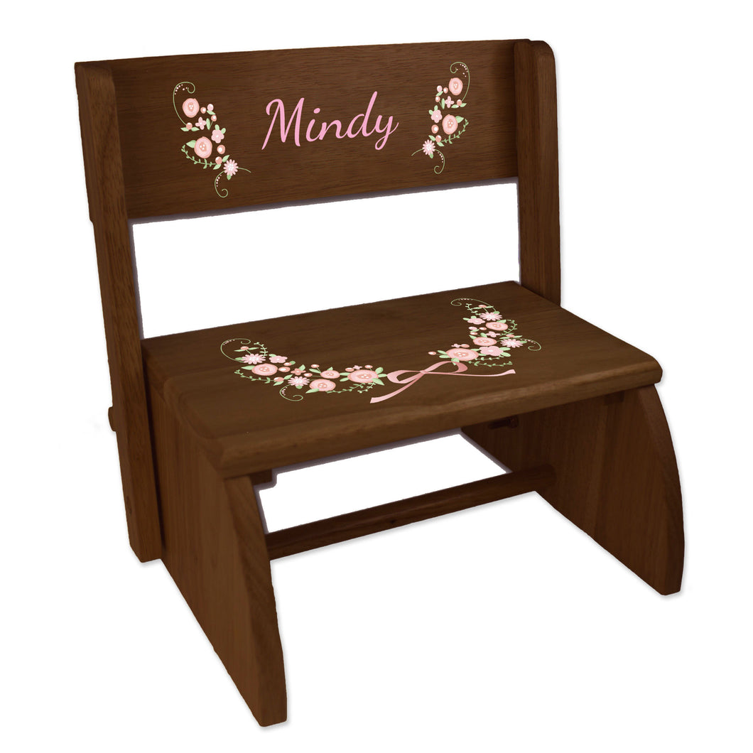 Personalized Floral Garland Childrens And Toddlers Espresso Folding Stool