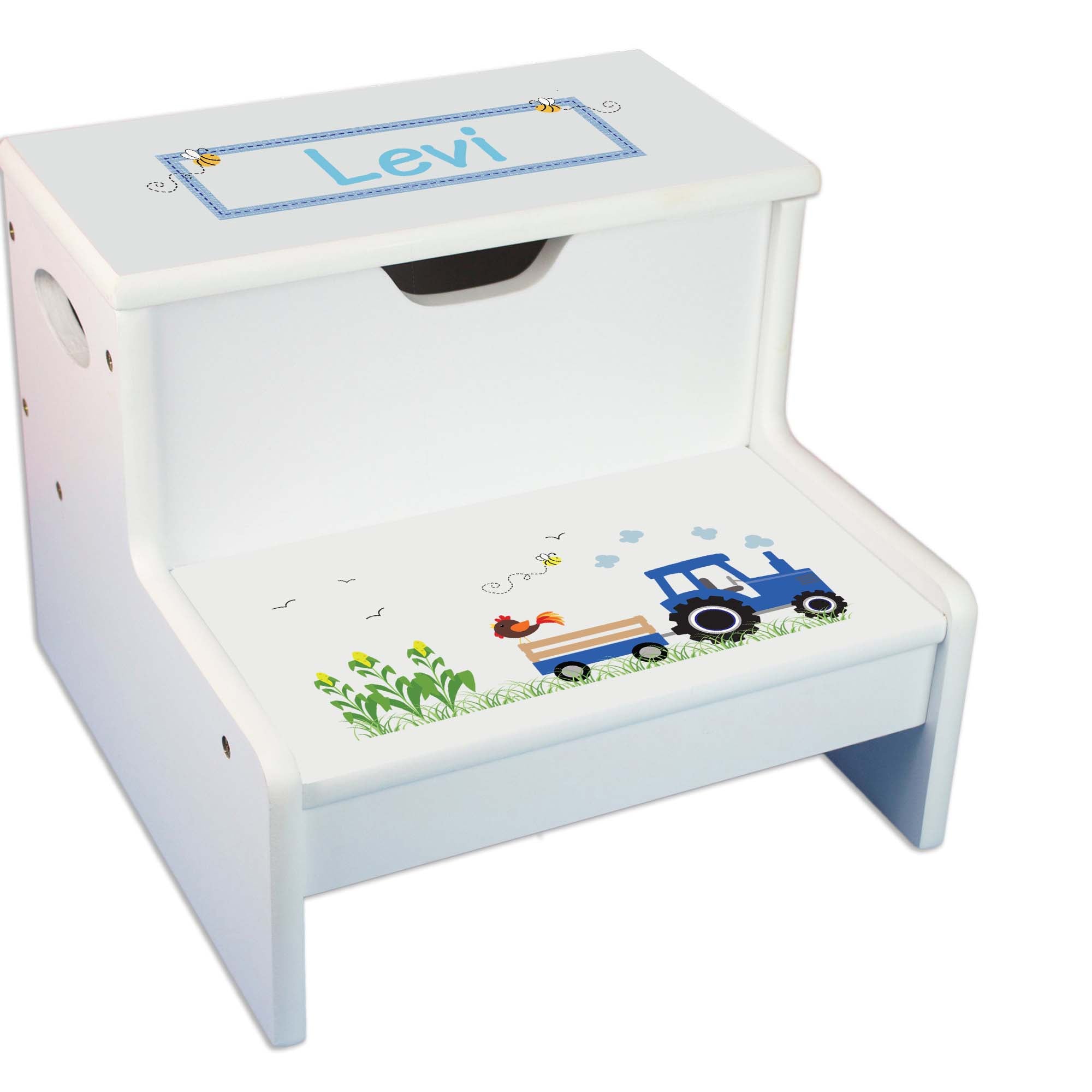 Blue Tractor White Storage Step Stool