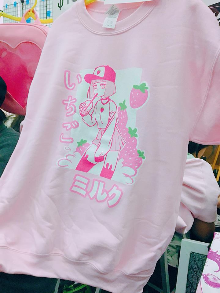 'ICHIGO MILKTEA' Sweater // いちごミルク ! Strawberry Milk Pink Fuzzy Sweate ...