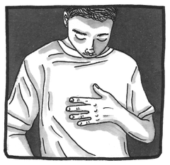 Image shows a greyscale hand-drawn illustration of a trans man with a flat chest wearing a t-shirt. He is looking down at his chest and has one hand resting on his chest.
