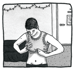 Image shows greyscale hand-drawn illustration of a young trans man putting on a binder