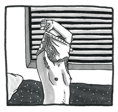 Image shows greyscale hand-drawn illustration of someone taking off a chest binder. The binder is up on their head and their breasts are showing.