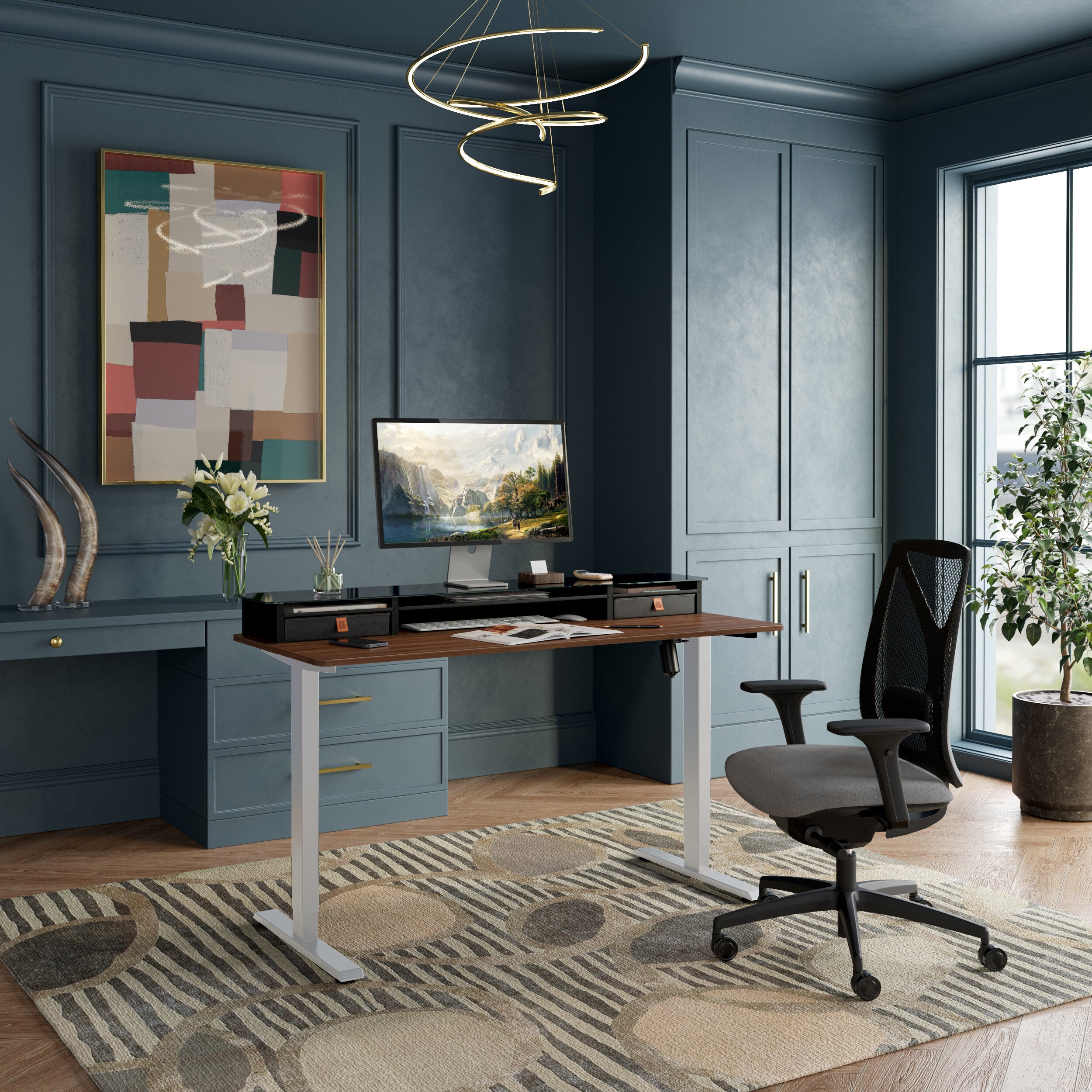 FEZIBO Electric Standing Desk with Glass Top Double Drawers