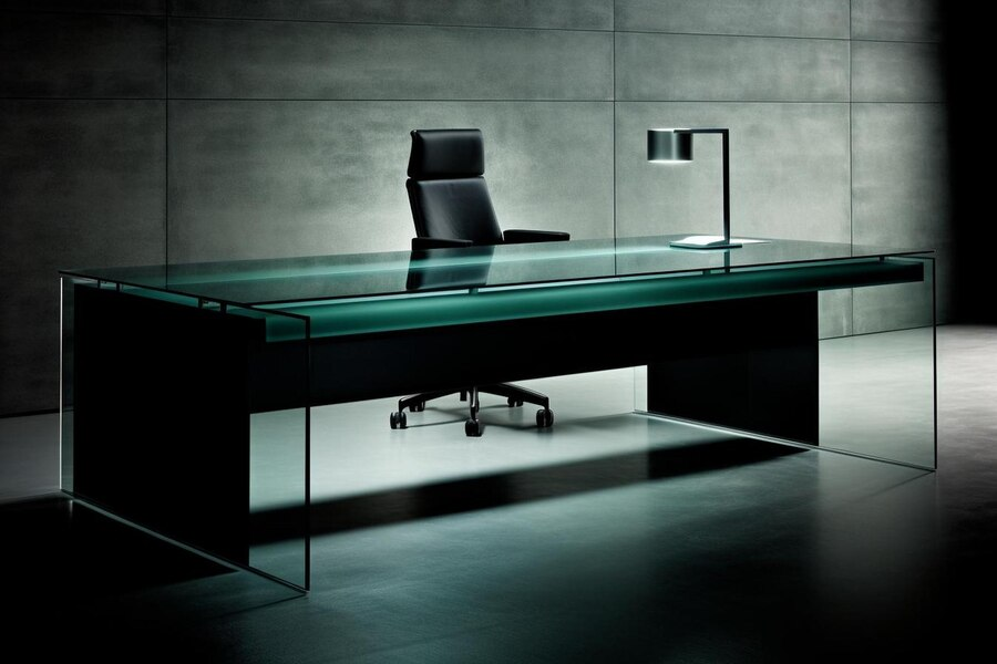 A desk with a chair and a desk in the middle of it