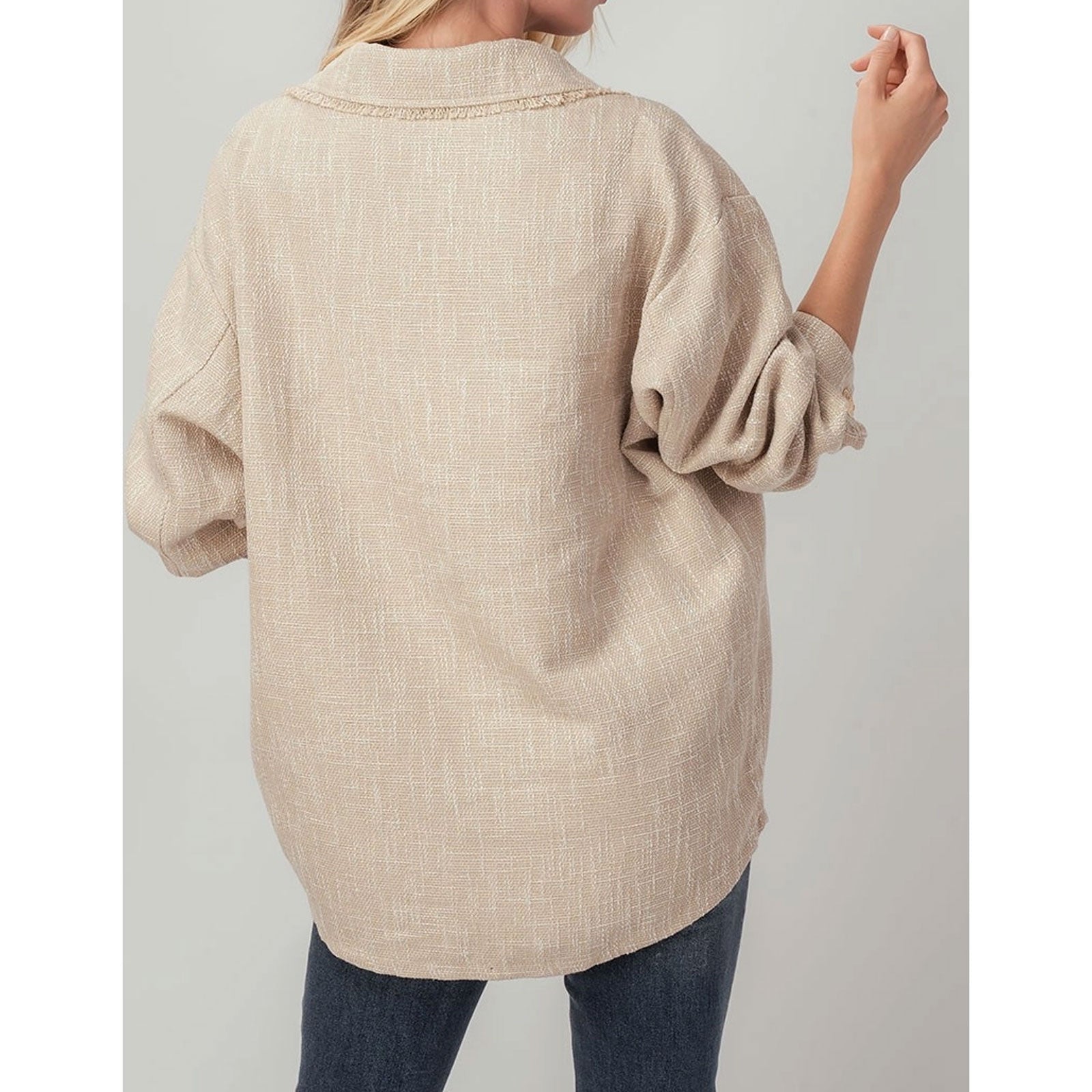 Oversized Button Tweed Jacket, Gold Beige