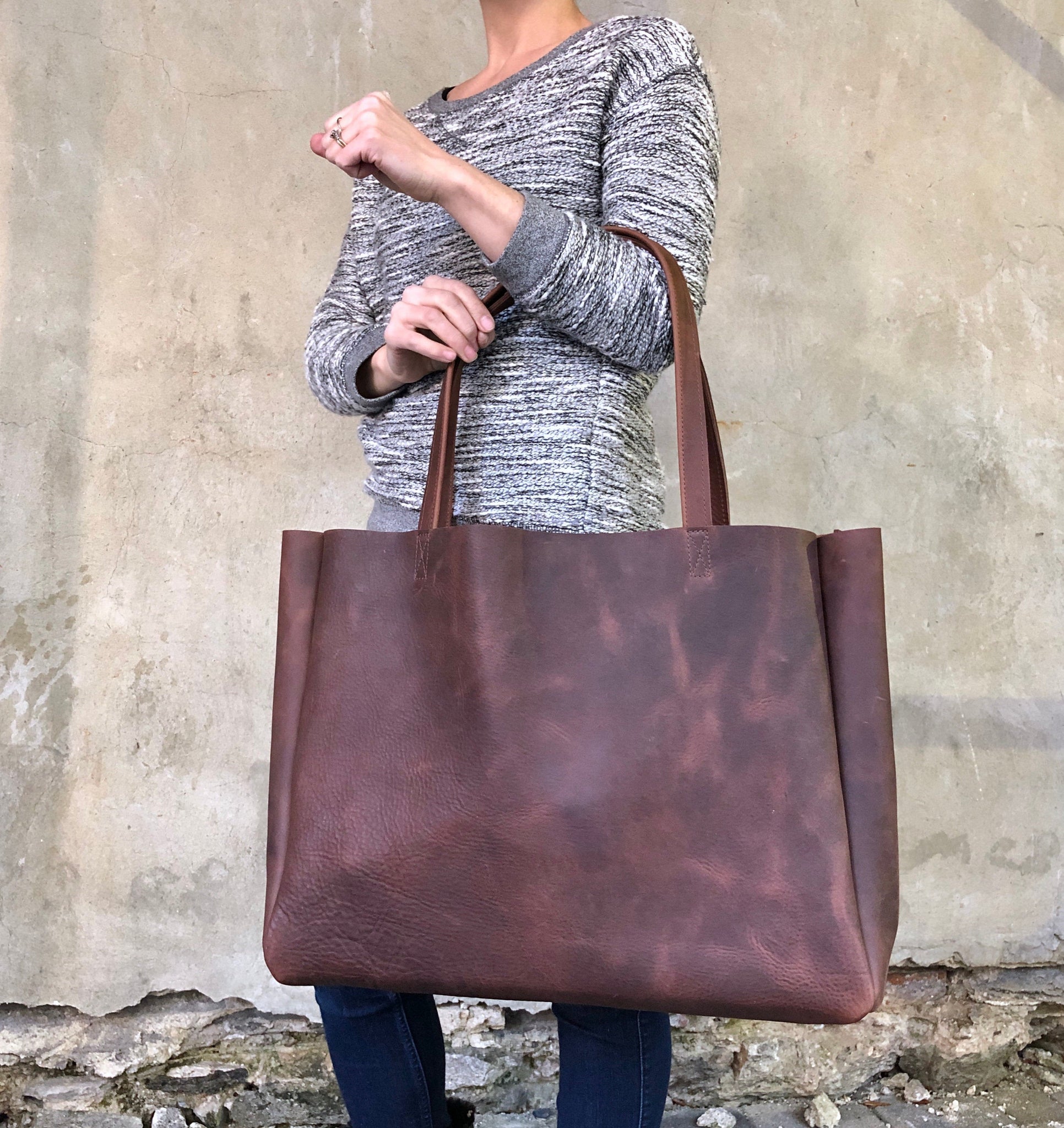 Extra Large Brown Leather Tote Bag 24”x 15” Urban Artisan Boutique 