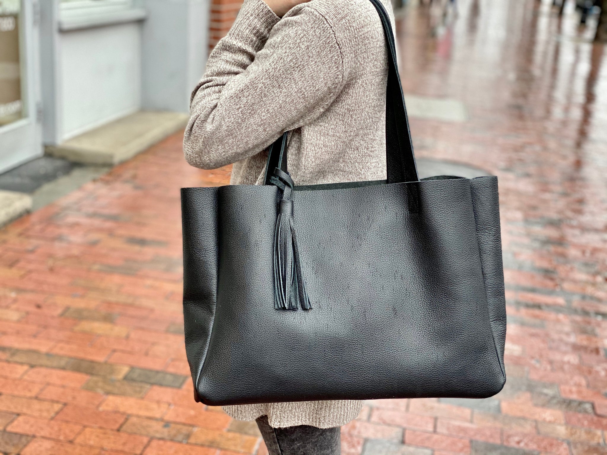 Large black leather tote bag with tassel, Oversized work and travel co ...