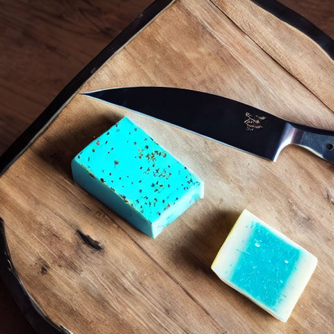 decorated soap bars for ASMR soap cutting with knife next to them